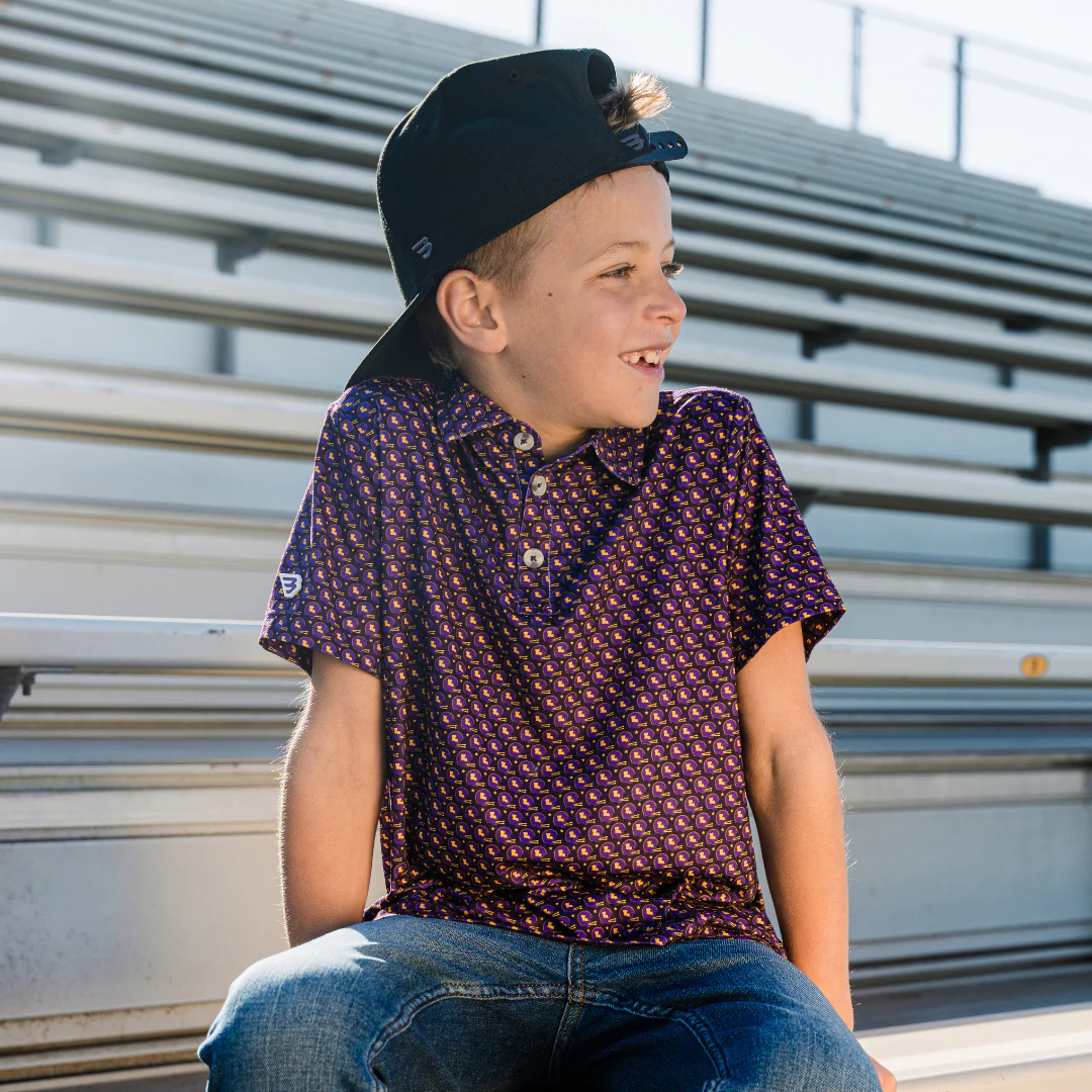 Youth Performance Polo - Vintage Helmets - Purple and Yellow - Image 2