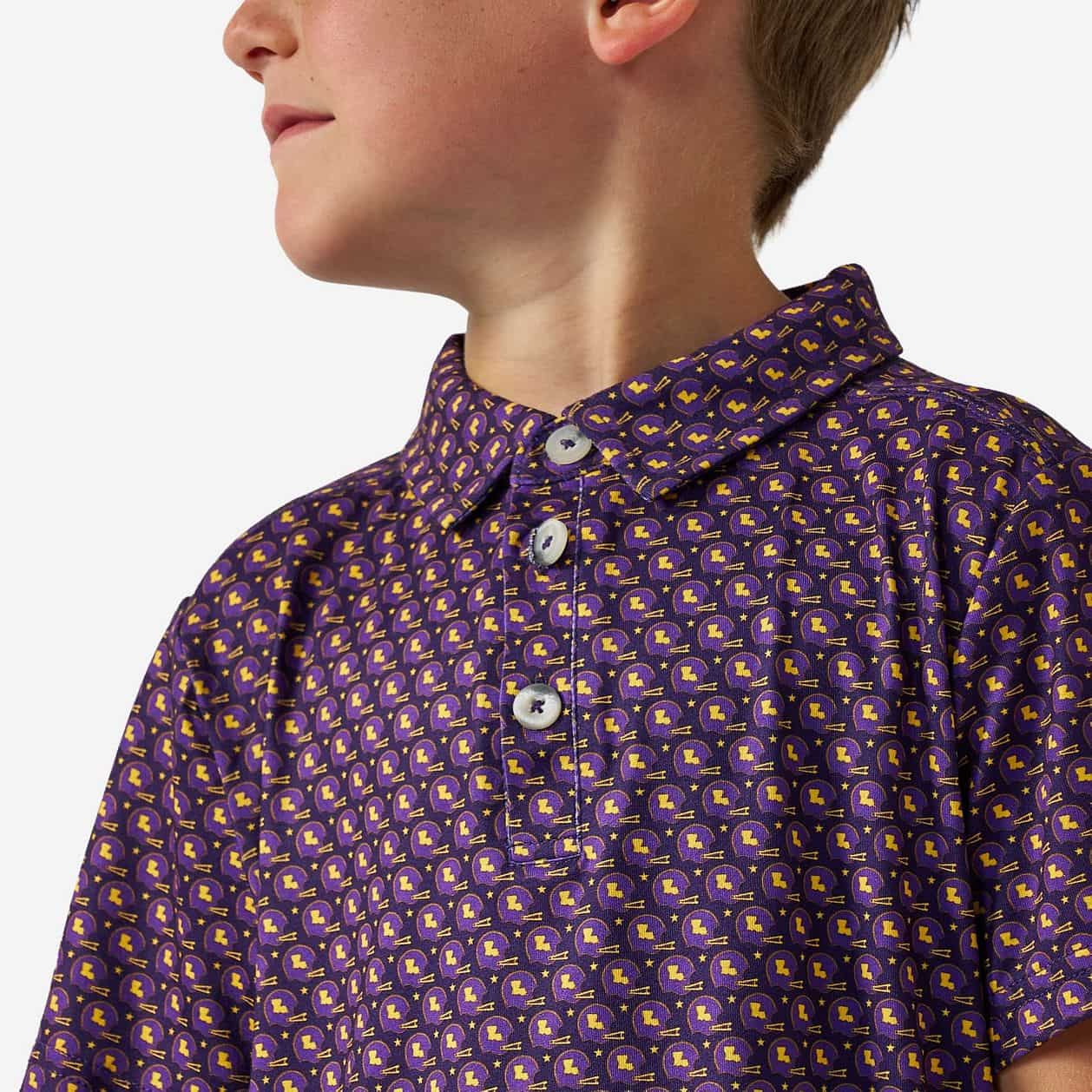 Youth Performance Polo - Vintage Helmets - Purple and Yellow - Image 3
